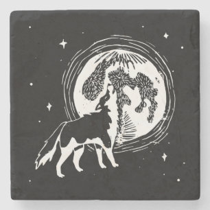 Black & White Howling Husky Moon Linocut Stone Coaster