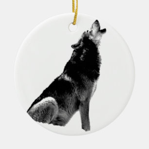 Black White Howling Wolf Ceramic Ornament