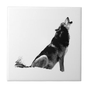 Black White Howling Wolf Ceramic Tile