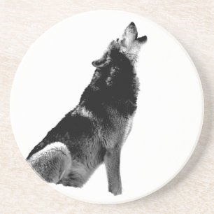 Black White Howling Wolf Coaster