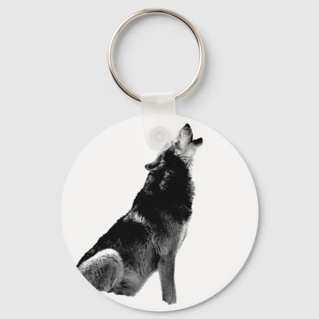 Black White Howling Wolf Key Ring (Front)