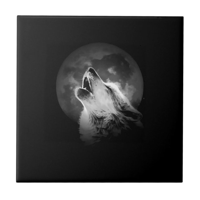 Black & White Howling Wolf & Moon Ceramic Tile (Front)