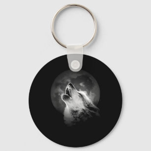 Black & White Howling Wolf & Moon Key Ring