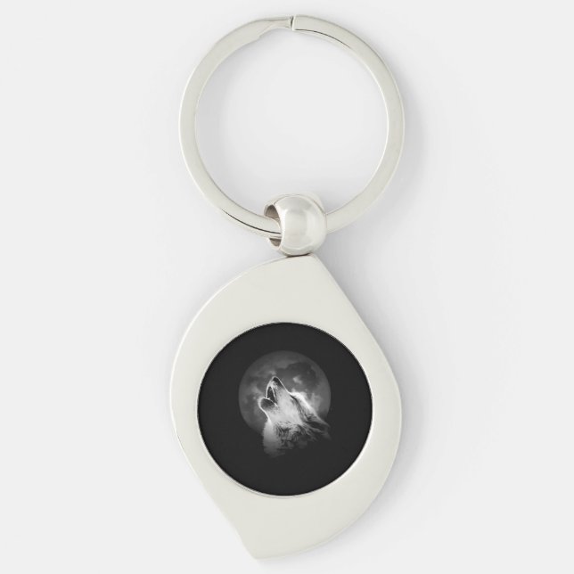 Black & White Howling Wolf & Moon Key Ring (Front)