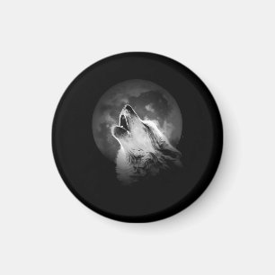 Black & White Howling Wolf & Moon Magnet
