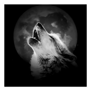 Black & White Howling Wolf & Moon Poster