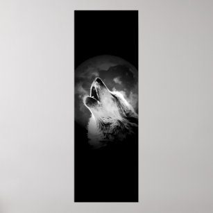 Black & White Howling Wolf & Moon Poster
