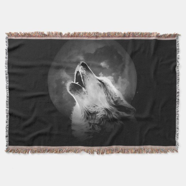 Black & White Howling Wolf & Moon Throw Blanket (Front)