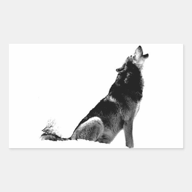 Black White Howling Wolf Rectangular Sticker (Front)