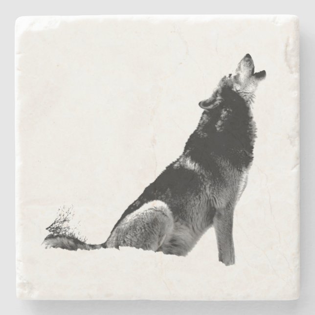 Black White Howling Wolf Stone Coaster (Front)