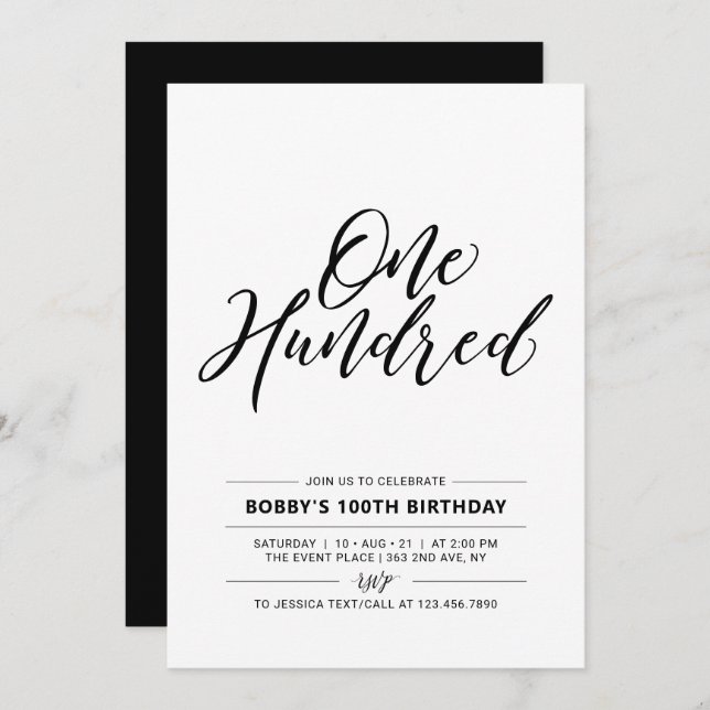 Black & White Hundred Minimal 100th Birthday Party Invitation (Front/Back)