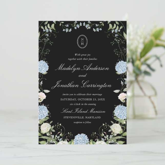 Black White Hydrangea Monogram Wedding Invitation (Standing Front)