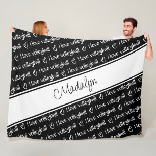  black white I love volleyball phrase pattern Fleece Blanket
