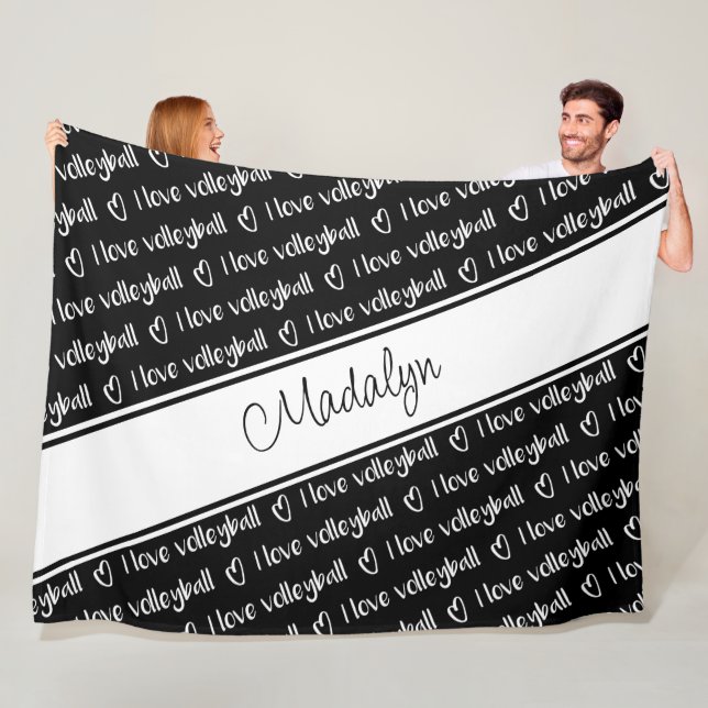  black white I love volleyball phrase pattern Fleece Blanket (In Situ)