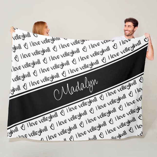  black white I love volleyball text pattern Fleece Blanket (In Situ)