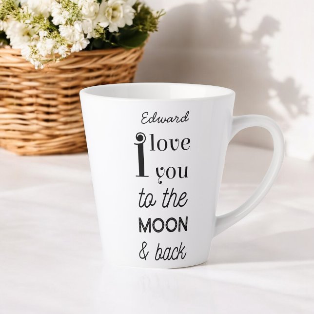 Black White I love you to the moon Typography Latte Mug (Creator Uploaded)