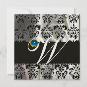 BLACK WHITE ICE SILK DAMASK MONOGRAM BLUE SAPPHIRE INVITATION