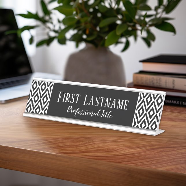 Black & White Ikat Pattern with Script Name Desk Name Plate (Personalized Desk Sign with Name and Title - Custom Executive Name Plate)