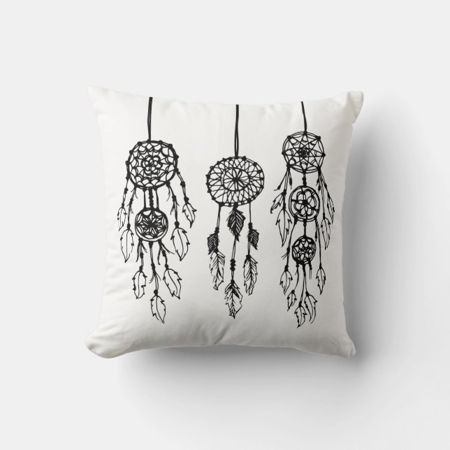 Black & White Illustrated Bohemian Dreamcatchers Cushion (Front)