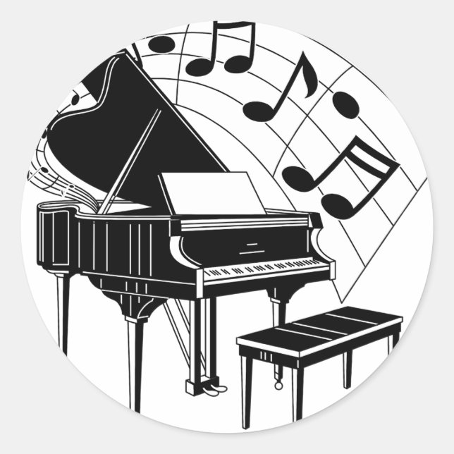 Black/White Illustration of Grand Piano & Notes Classic Round Sticker (Front)