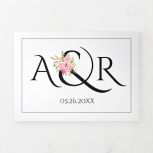 Black white initials, ampersand pink roses wedding Tri-Fold invitation