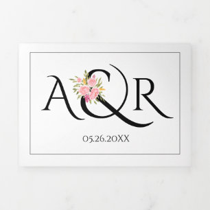 Black white initials, ampersand pink roses wedding Tri-Fold invitation