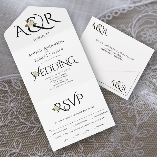 Black white initials and ampersand, rose wedding all in one invitation (Creator Uploaded)