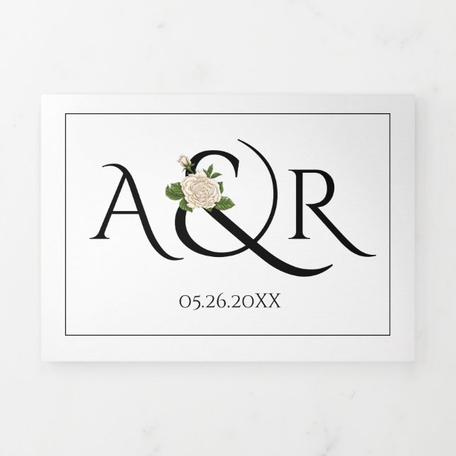 Black, white initials and ampersand, rose wedding Tri-Fold invitation (Cover)