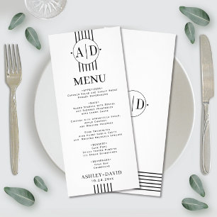 Black, white initials, stripes wedding menu card