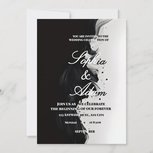 Black & White Ink Art Wedding Invitation (Front)