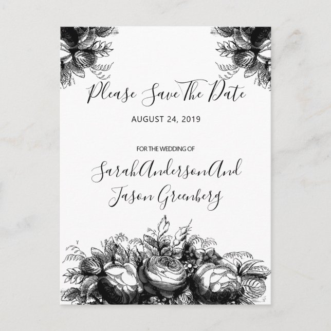 Black White Ink Floral Wedding Save The Date Announcement Postcard (Front)