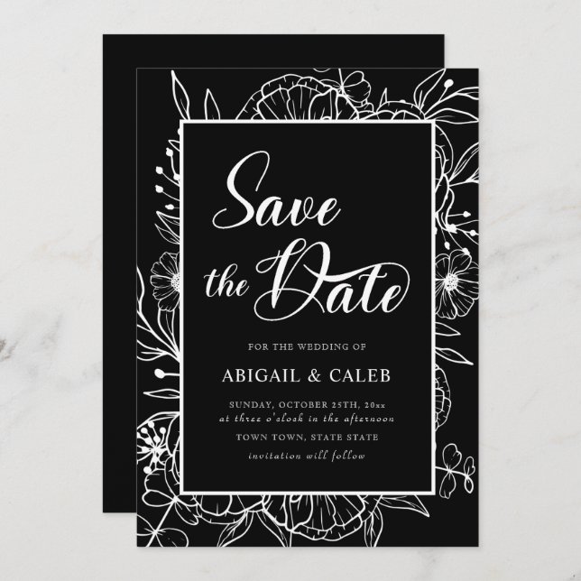 Black & White Ink Sketched Floral Wedding Save The Date (Front/Back)