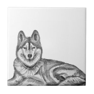Black & White Ink & Watercolor Siberian Husky Ceramic Tile