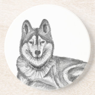 Black & White Ink & Watercolor Siberian Husky Coaster