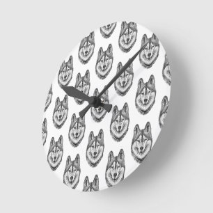 Black & White Ink & Watercolor Siberian Husky Round Clock
