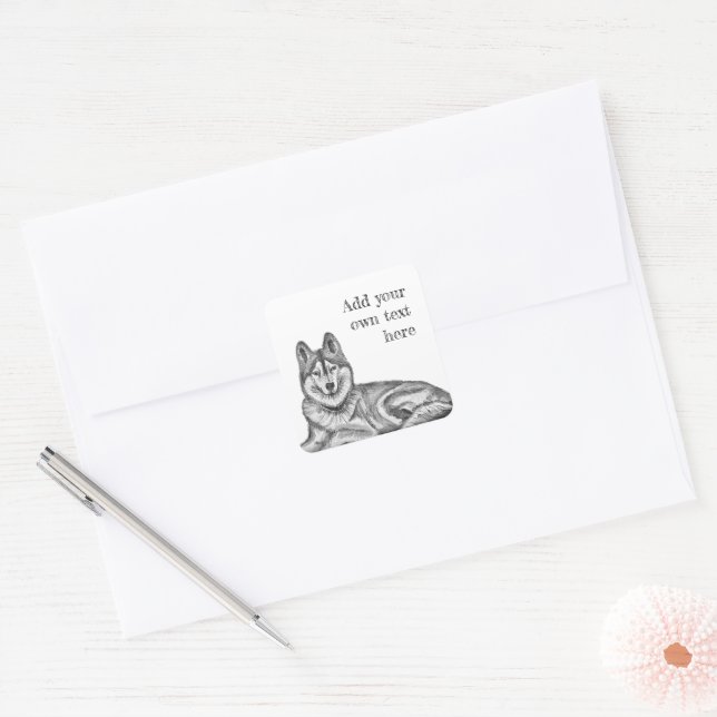 Black & White Ink & Watercolor Siberian Husky Square Sticker (Envelope)