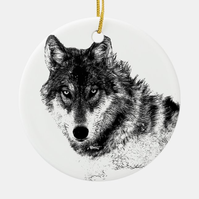 Black White Inspirational Wolf Eyes Ceramic Tree Decoration (Front)