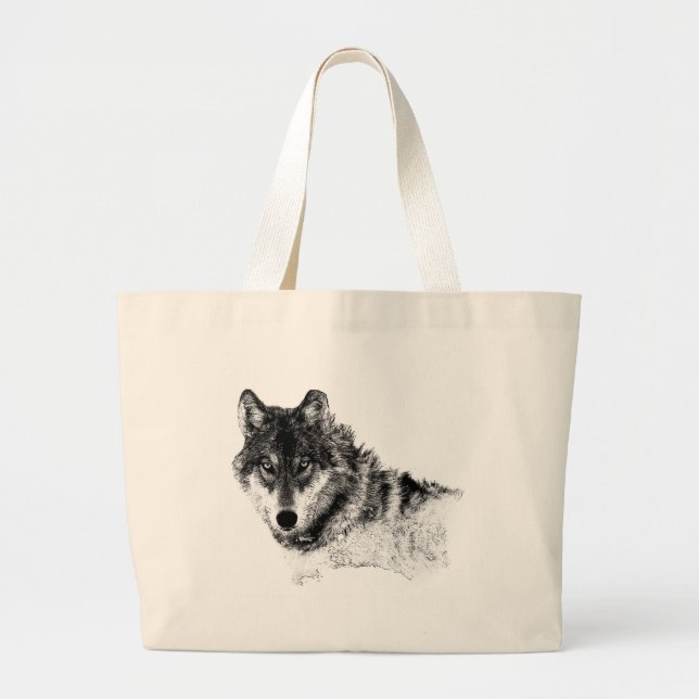 Black White Inspirational Wolf Eyes Large Tote Bag (Front)
