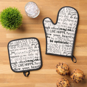 Black White Inspirational Words Oven Mitt & Pot Holder Set