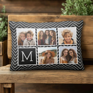 Black White Instagram 5 Photo Collage Monogram Decorative Cushion