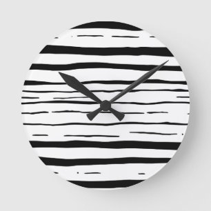 Black White Irregular Stripes Pattern Round Clock