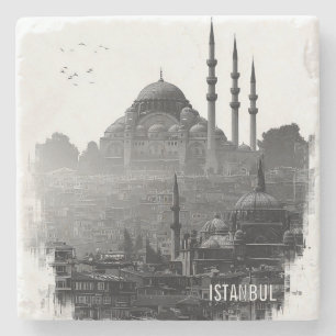 Black & White Istanbul City Skyline Silhouette Stone Coaster