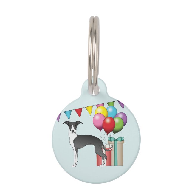 Black & White Italian Greyhound Colourful Birthday Pet Tag (Front)