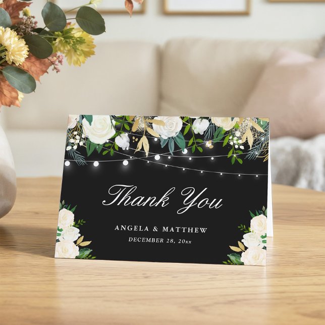 Black White Ivory Floral String Lights Thank You Card (Creator Uploaded)
