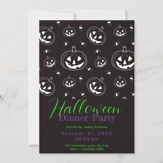 Black White Jack-O' Lantern Halloween Dinner Party Invitation (Front)