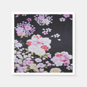 Black White Japanese Kimono Floral Decoupage Paper Napkin