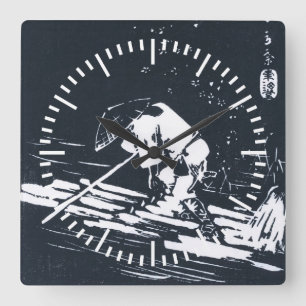 Black&White Japanese Ukiyo-e Hanaikada Square Wall Clock