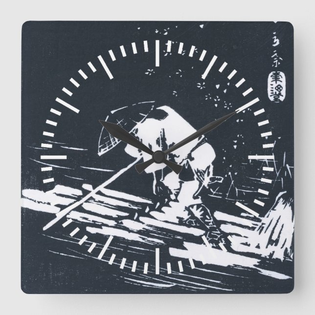 Black&White Japanese Ukiyo-e Hanaikada Square Wall Clock (Front)