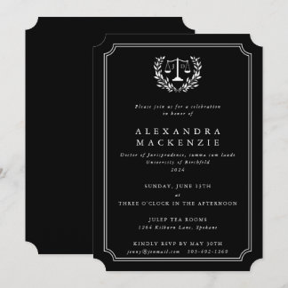 Black/White JD Scales + Laurel Wreath Graduation Invitation