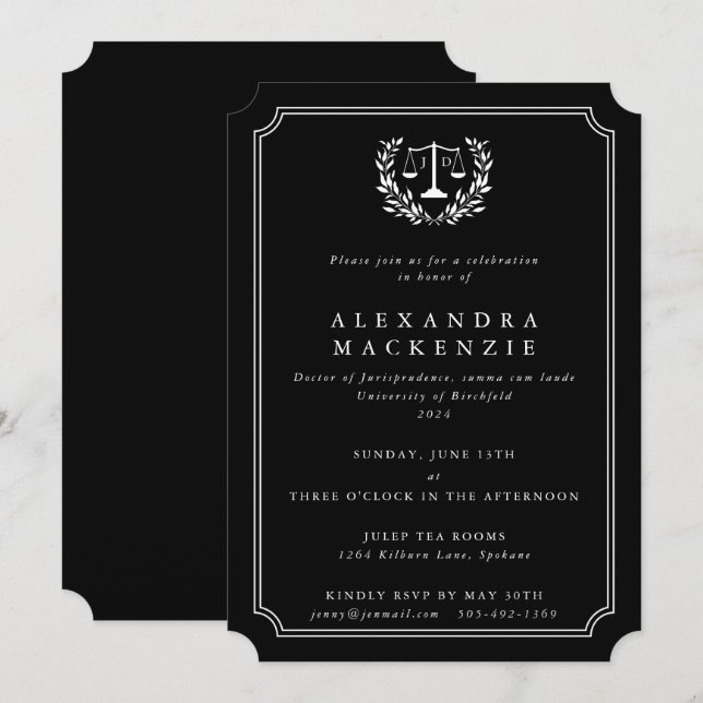 Black/White JD Scales + Laurel Wreath Graduation Invitation (Front/Back)